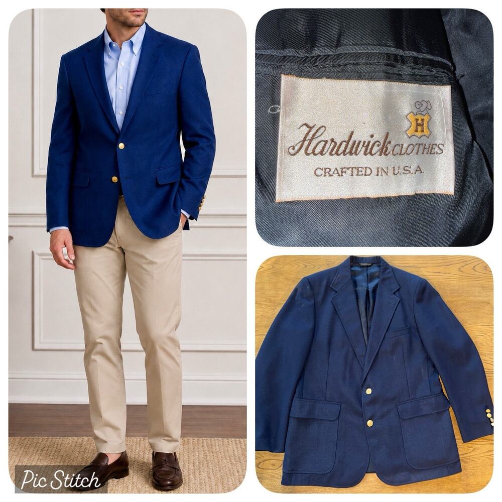 Vintage Navy Hopsack Blazer 42R Tailored in USA Gold Buttons Classic Men Jacket